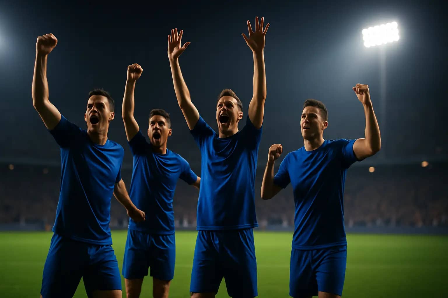France football players celebrating an international victory on the pitch