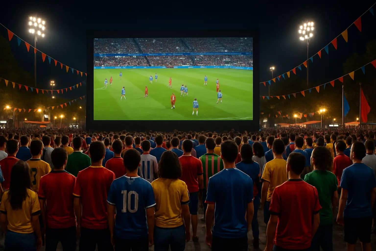 A large outdoor screen showing a football match to a crowd of fans at night
