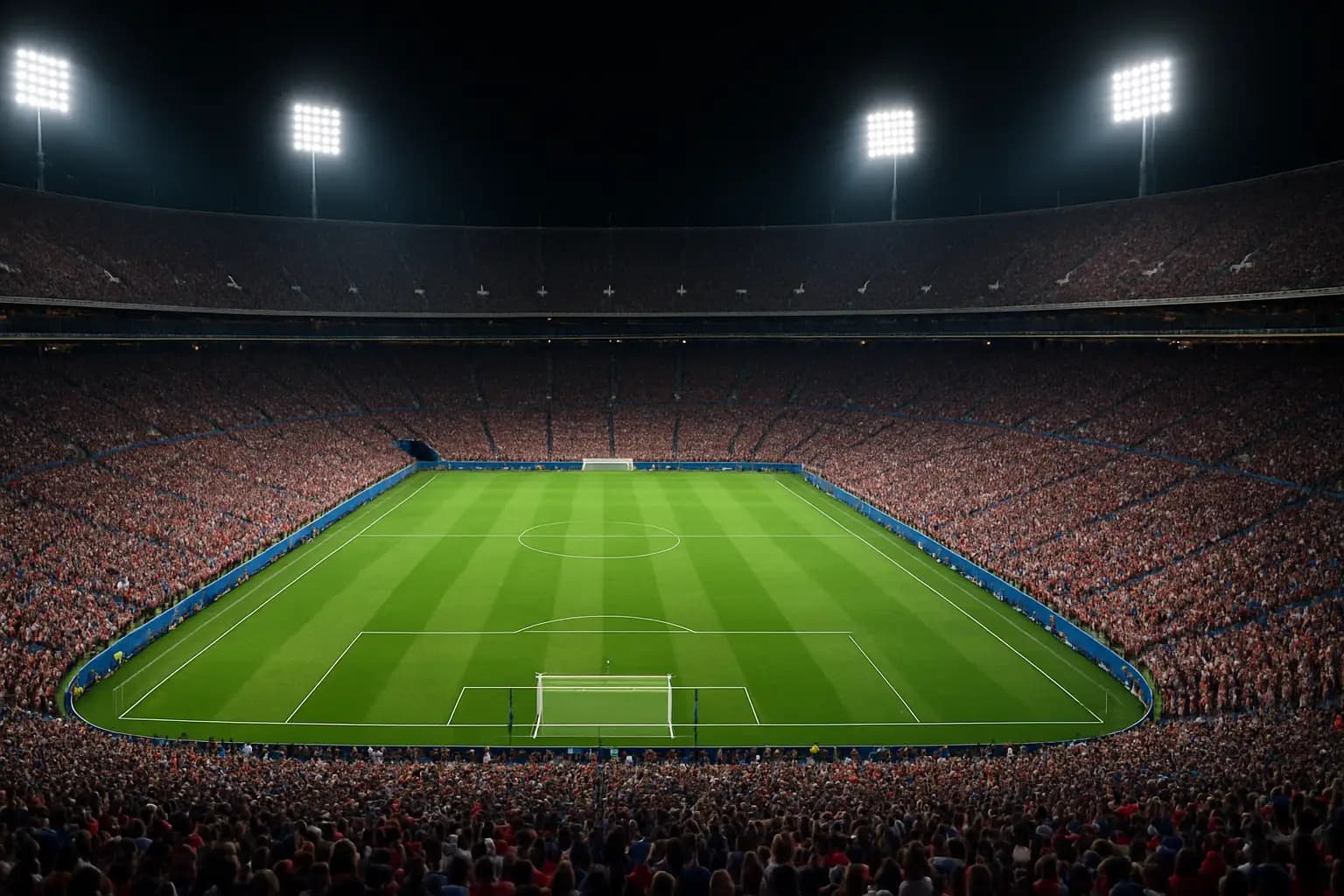 Football fans watching a World Cup match on a large stadium screen at night