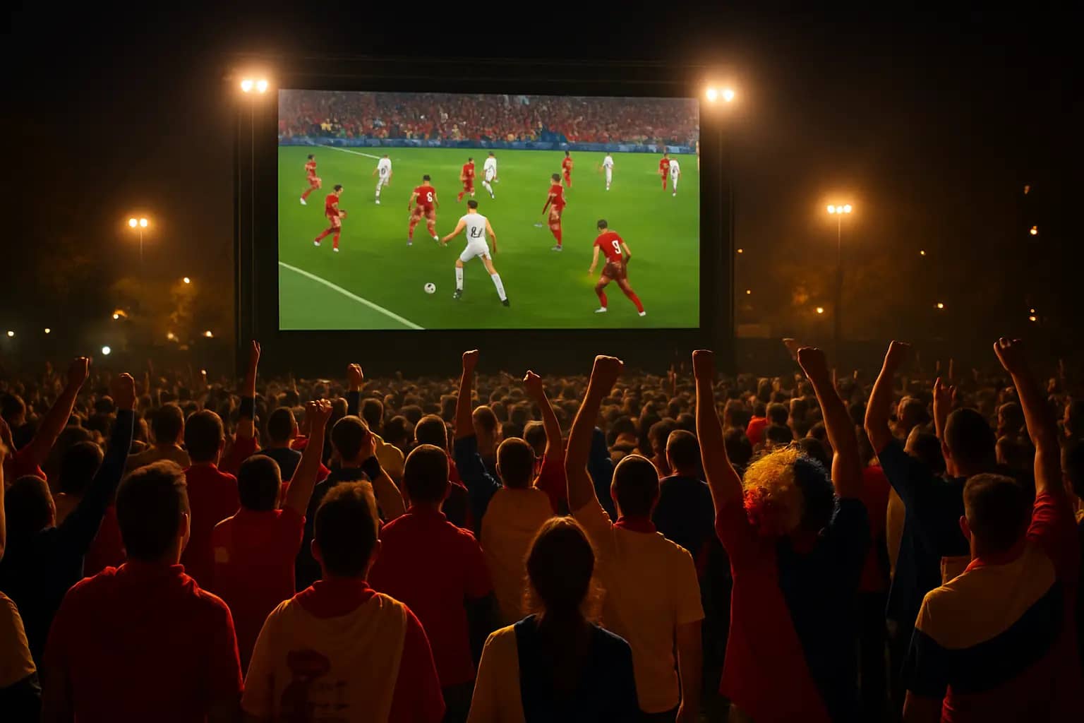 Football fans watching a World Cup match on a large stadium screen at night