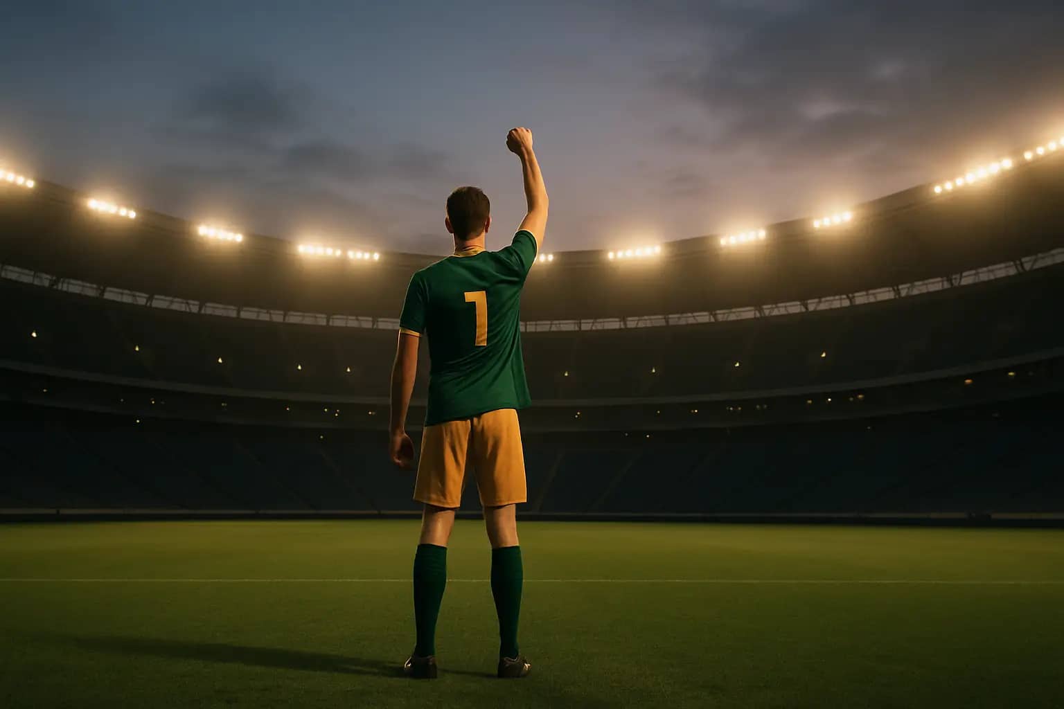 Australian footballer raising fist in celebration on an international pitch