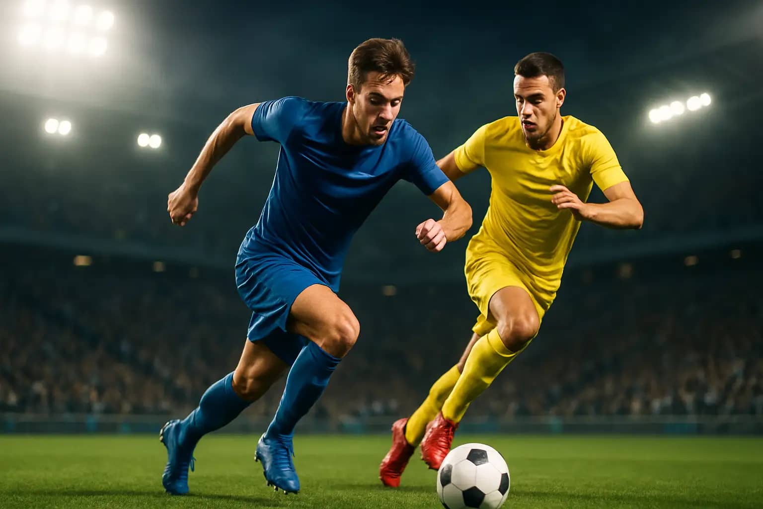 France footballer in blue kit driving forward with the ball against a Swedish defender