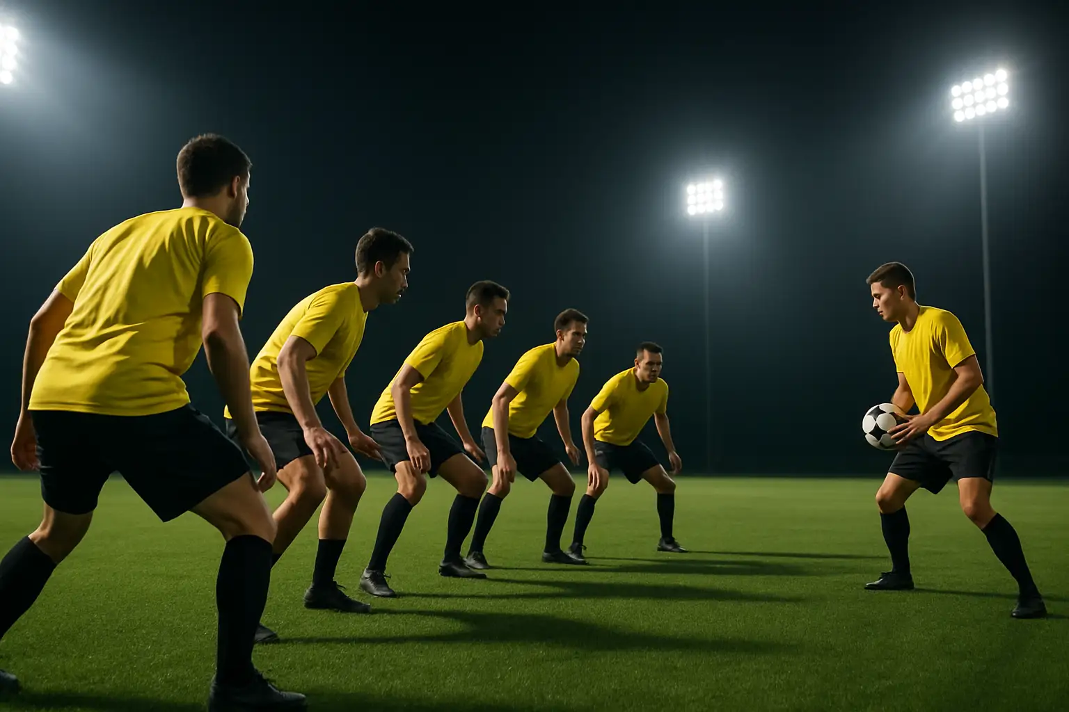 Australian soccer players training on a pitch under floodlights at night