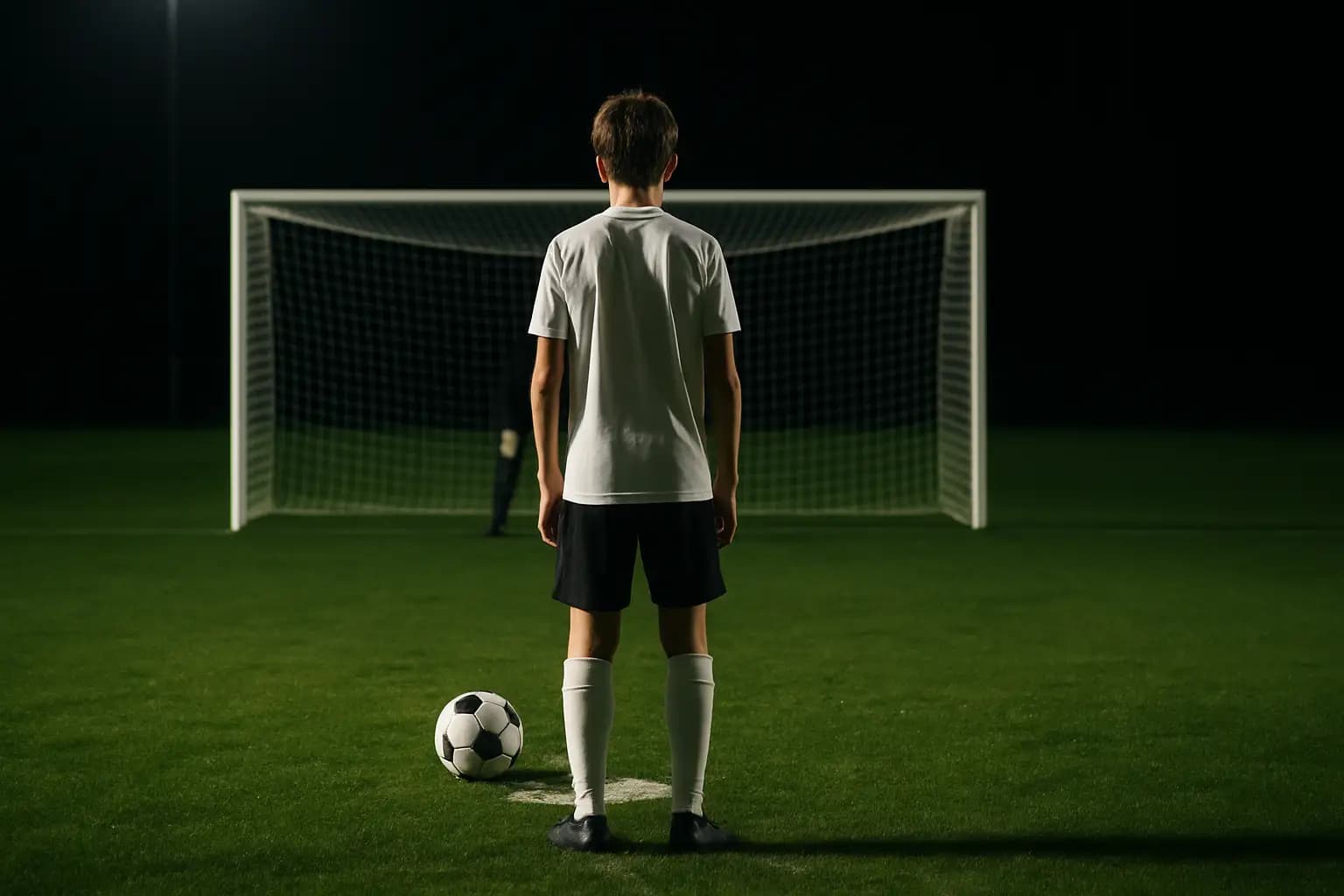 A young footballer standing at the penalty spot under floodlights, teammates watching from the centre circle