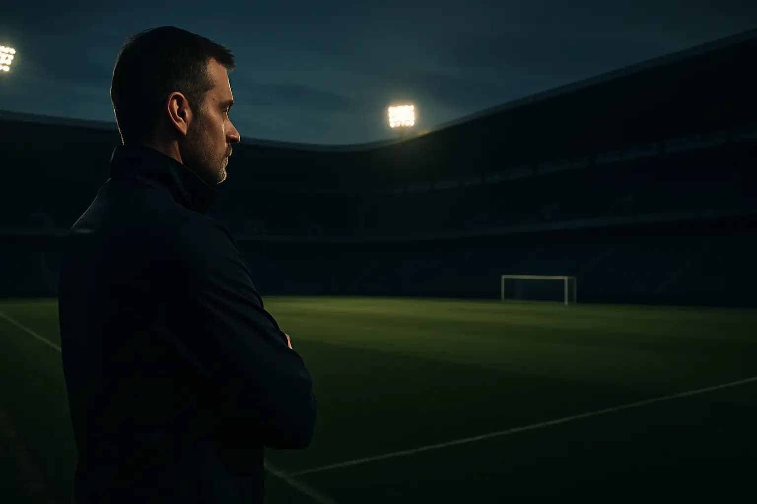 A football coach standing alone on the touchline looking tense during a match