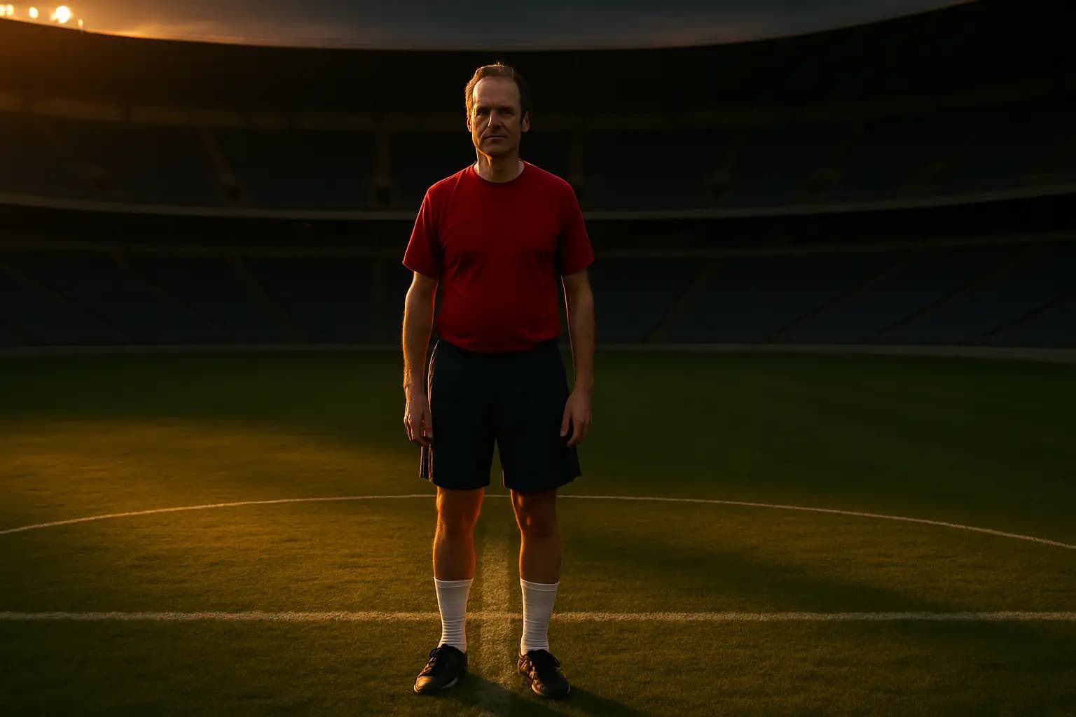 A veteran footballer standing calmly on a pitch at sunset, looking into the distance in a reflective pose