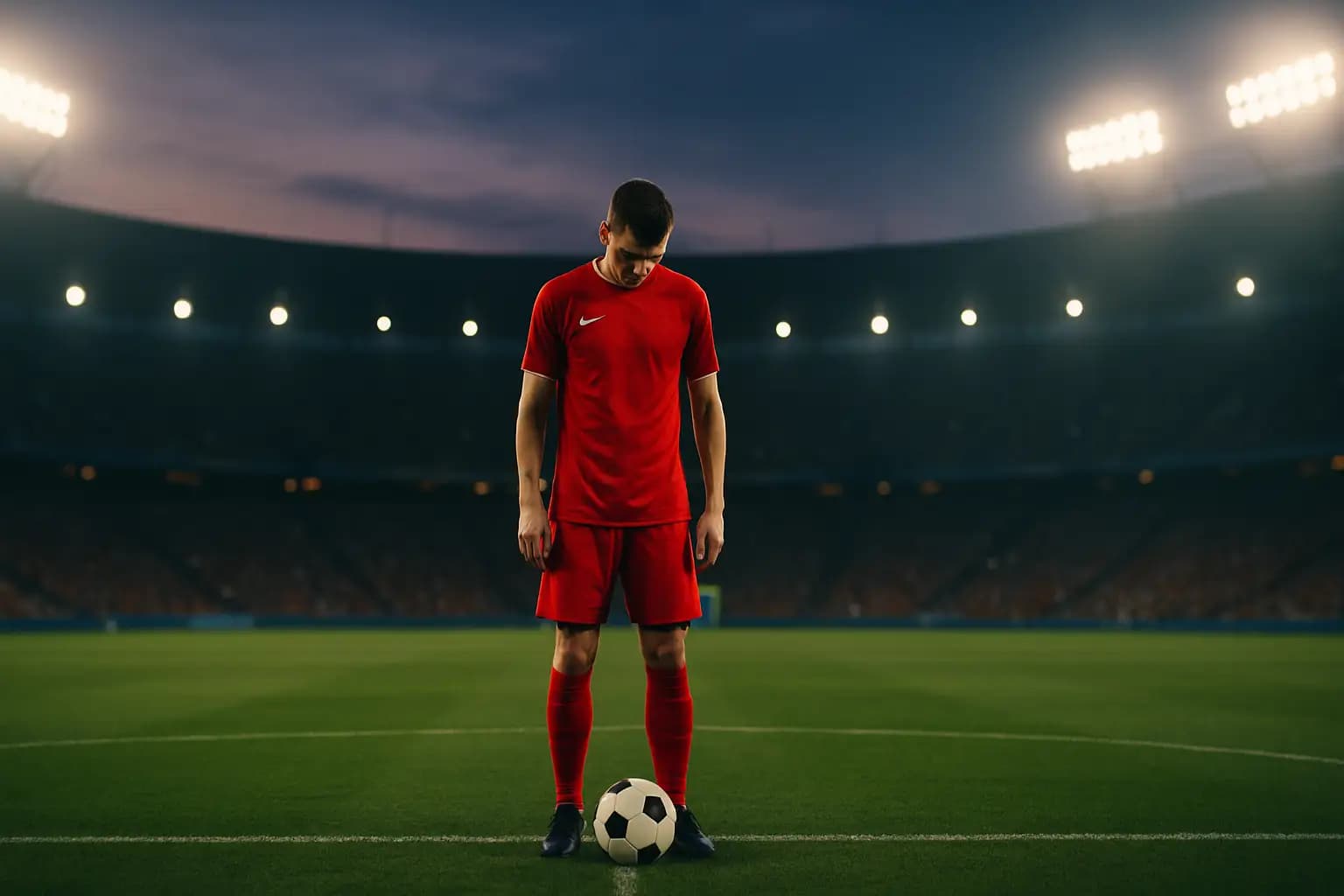 Cristiano Ronaldo in Portugal kit standing on a football pitch looking focused before a major match