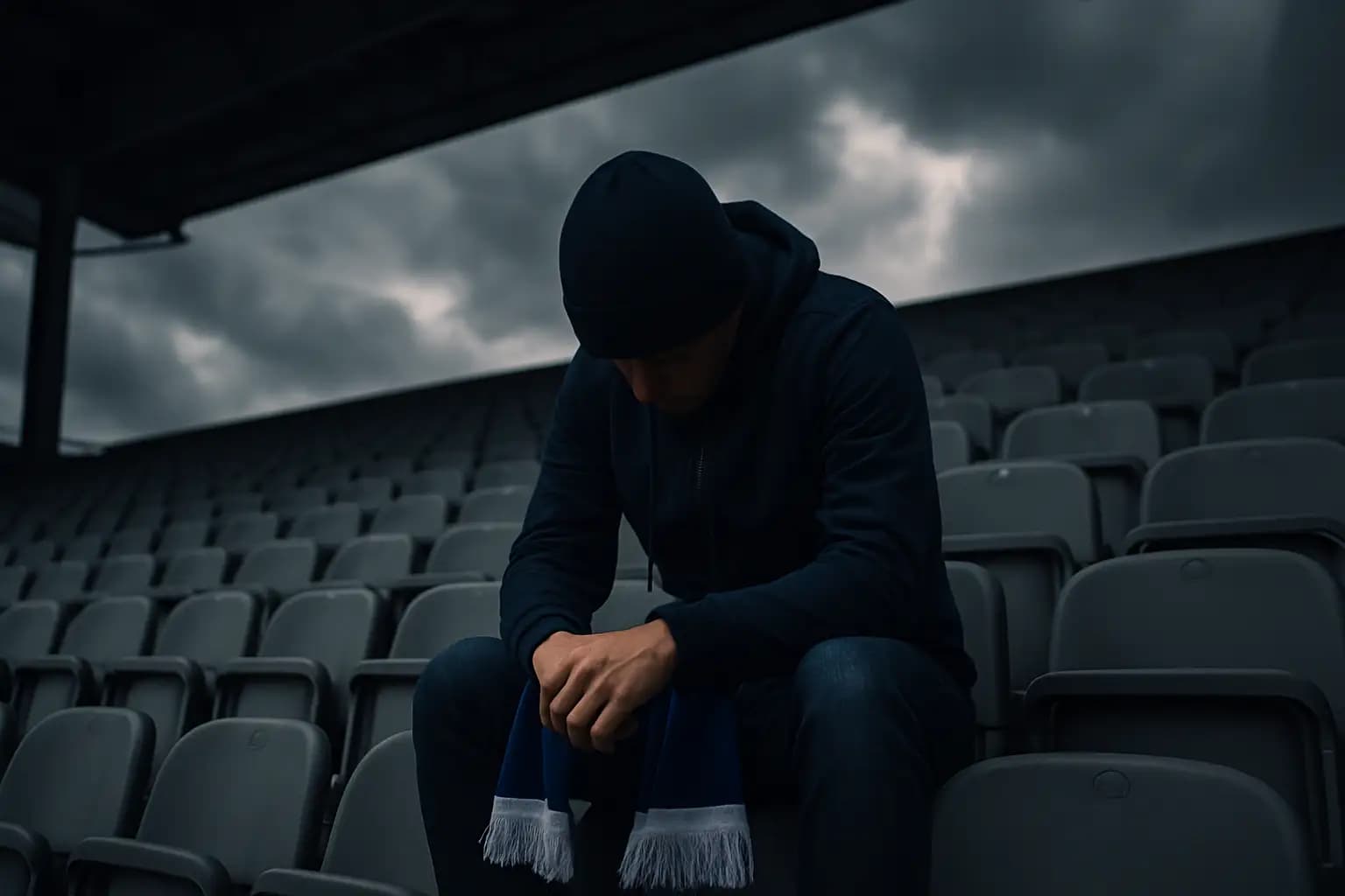 A Scottish football supporter in team colors looking dejected in stadium stands