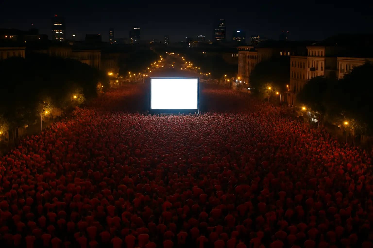 A crowd of South Korean football fans in red jerseys watching a match together on a large outdoor screen at night