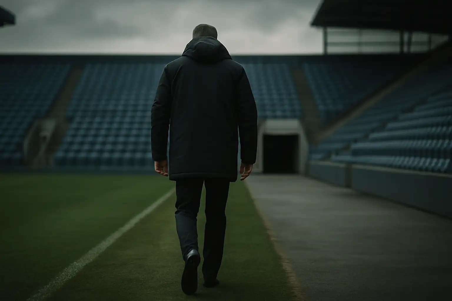 A football manager walking away from a stadium pitch toward the tunnel after a match