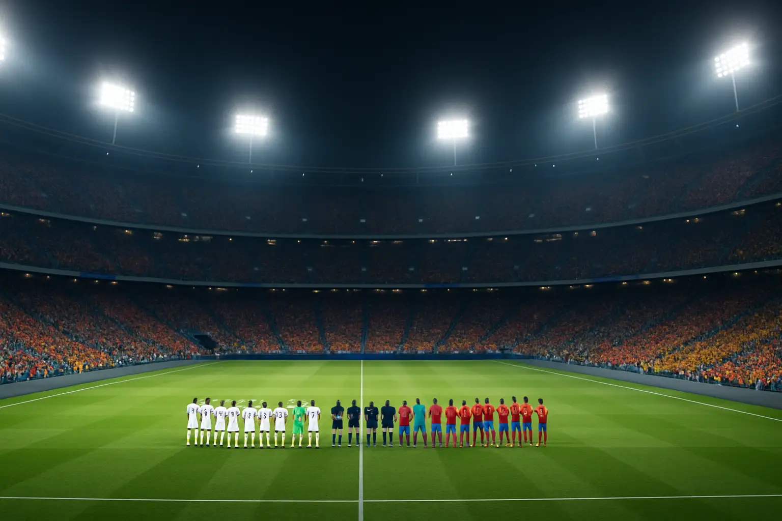 Football players from two national teams facing off on a large stadium pitch under floodlights with a packed crowd in the background