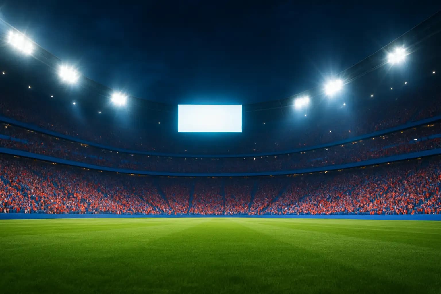 Football fans watching a World Cup match on a large screen in a packed stadium