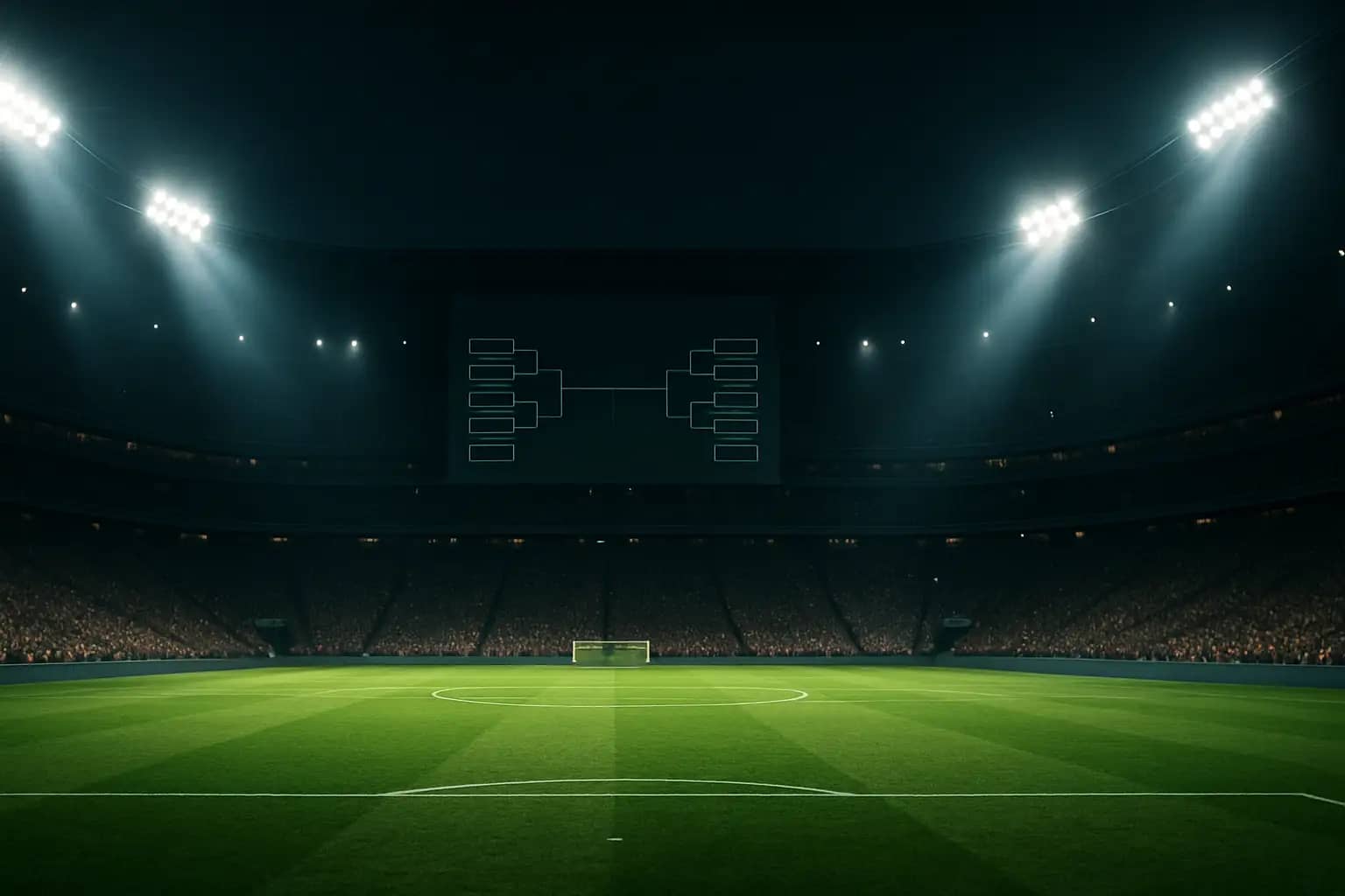 A wide-angle view of a packed football stadium at night with floodlights blazing and a large bracket display on a screen