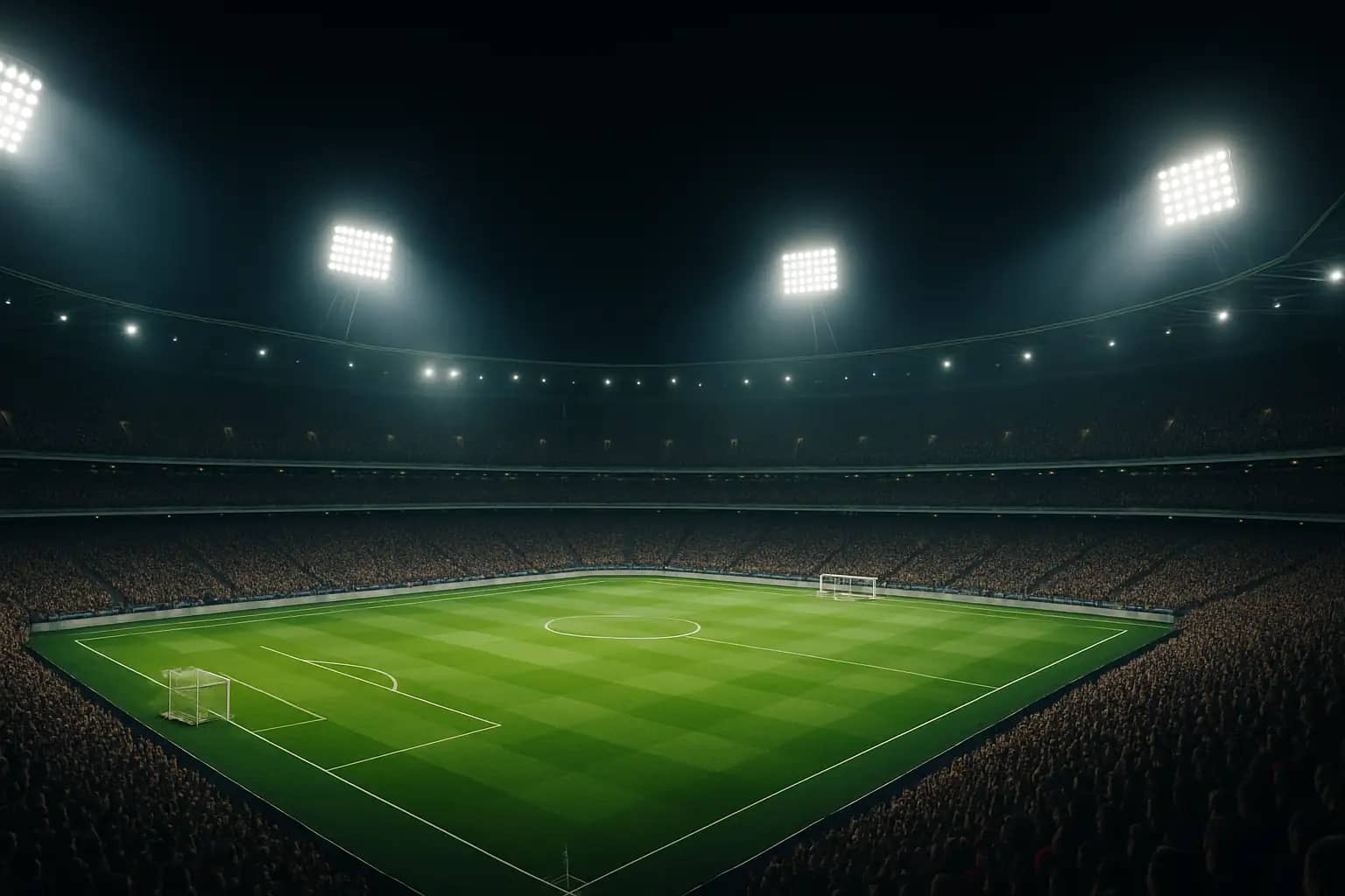 Football stadium at night lit up during a World Cup knockout stage match