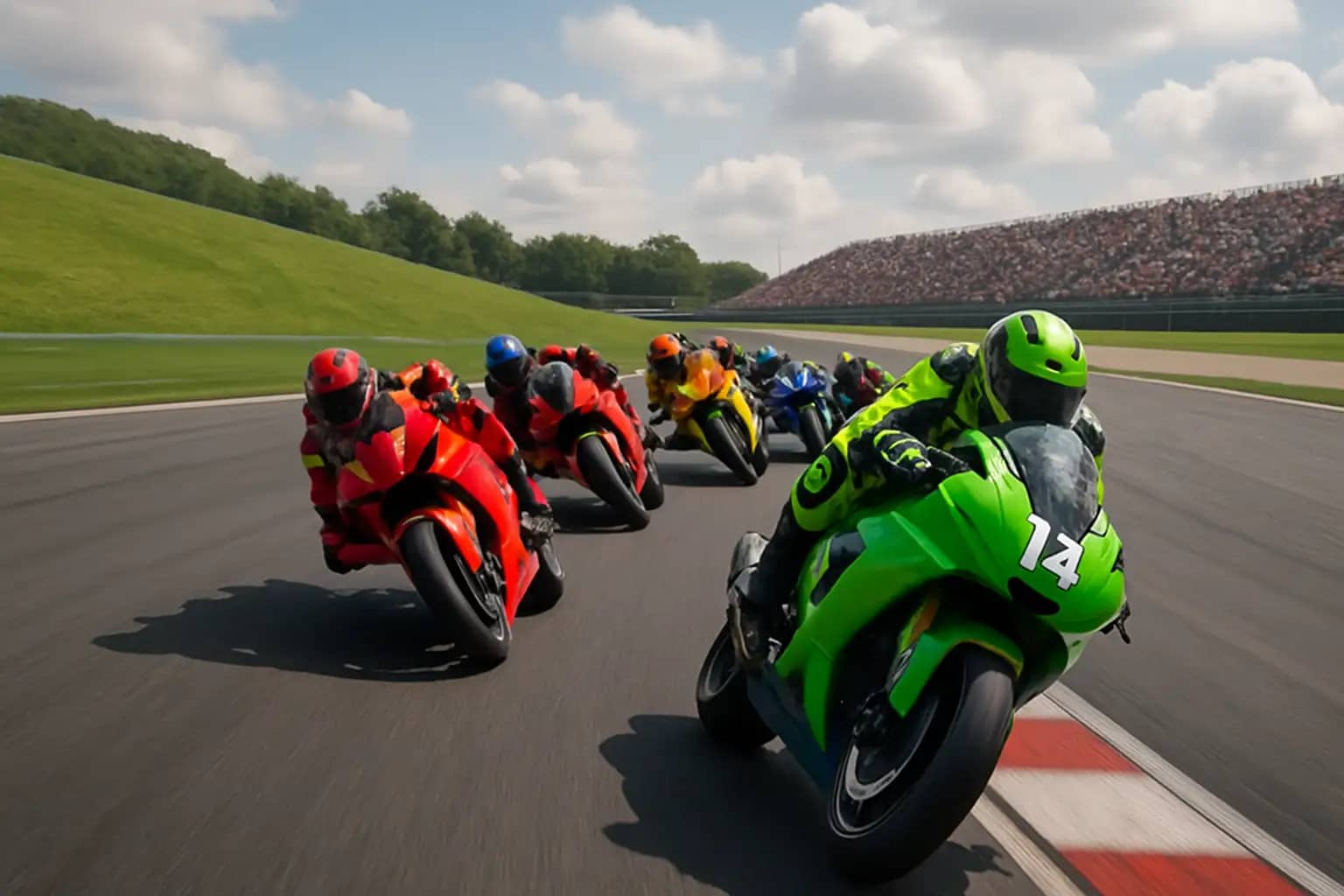 MotoGP riders racing through the sweeping corners of the Sachsenring during the 2025 German GP