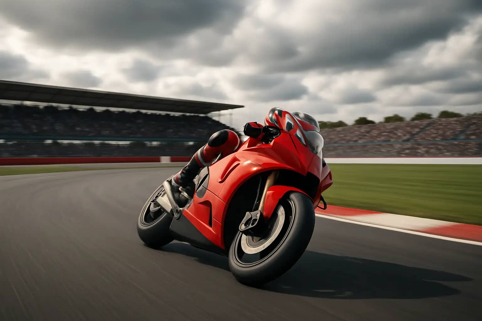 MotoGP rider leaning through a high-speed corner at a British circuit with grandstands in the background
