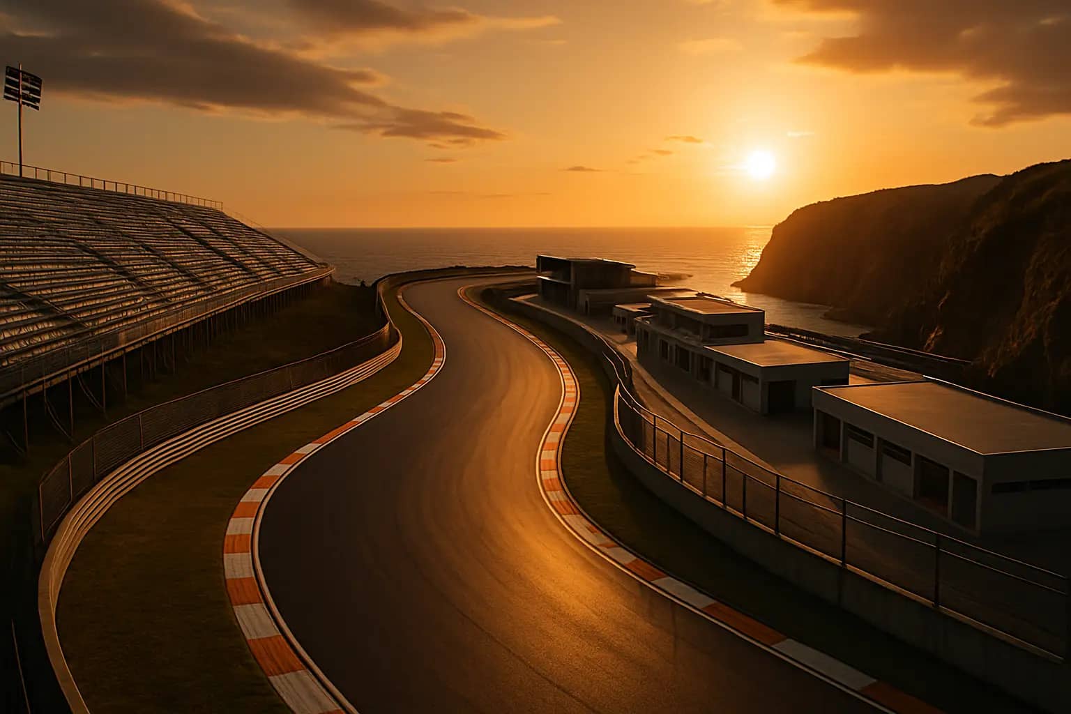 Aerial view of a coastal motor racing circuit with grandstands and pit lane visible
