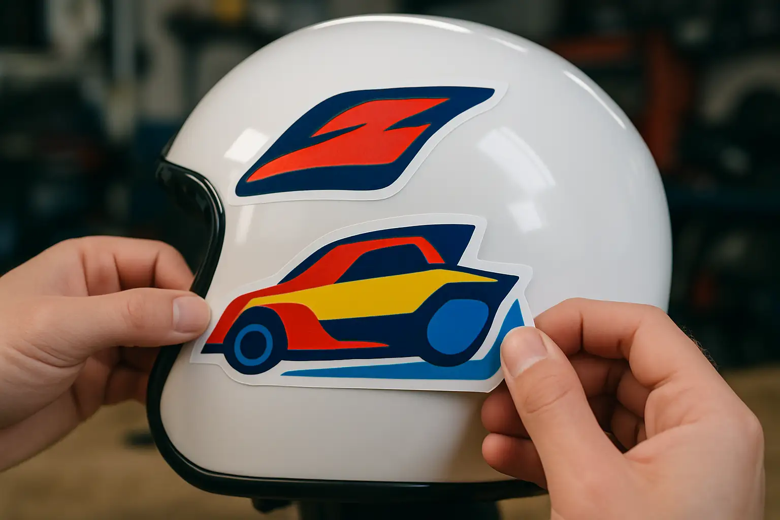 MotoGP team decal stickers displayed on a racing helmet and motorcycle fuel tank