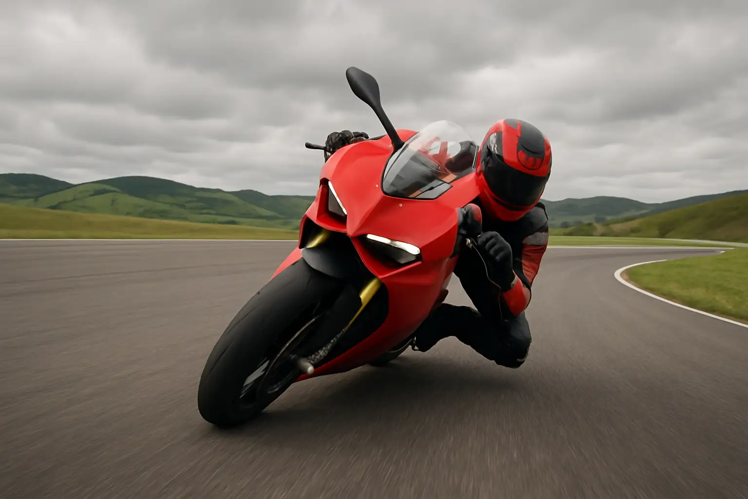 A MotoGP Ducati motorcycle leaning through a fast sweeping corner at a European circuit