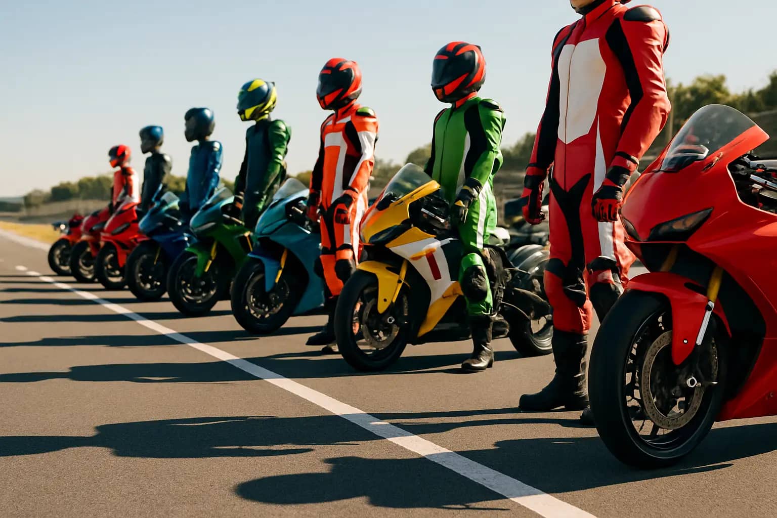 MotoGP riders lined up on the grid before a race start
