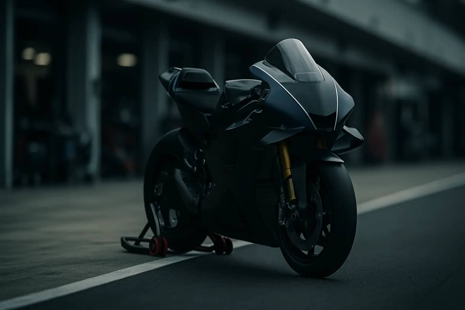 A MotoGP motorcycle on pit lane with a blurred paddock backdrop during a race weekend