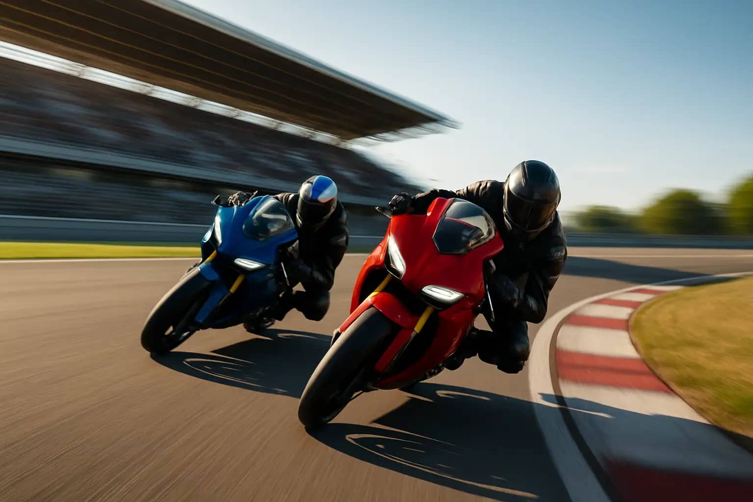 Two MotoGP riders on track during a race, leaning into a corner at high speed